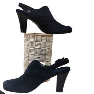 AEROSOLES Sling Back Blue Suede Leather Clog Mules Buckle Chunky Heel Size 9.5
